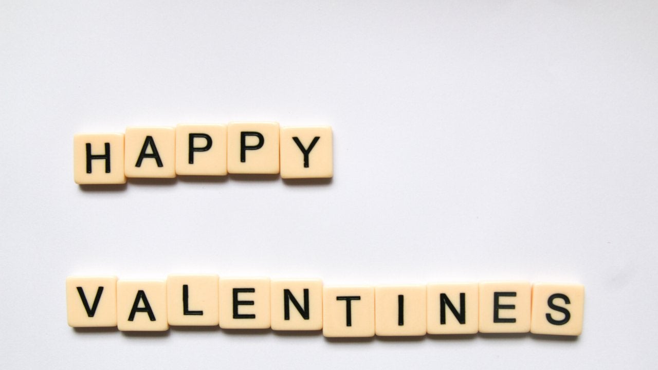 Happy Valentine’s Spelled out using Scrabble pieces