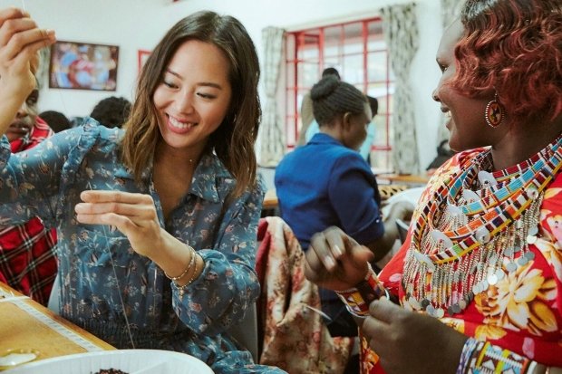 Amiee Song learning how to bead jewelry in Kenya
