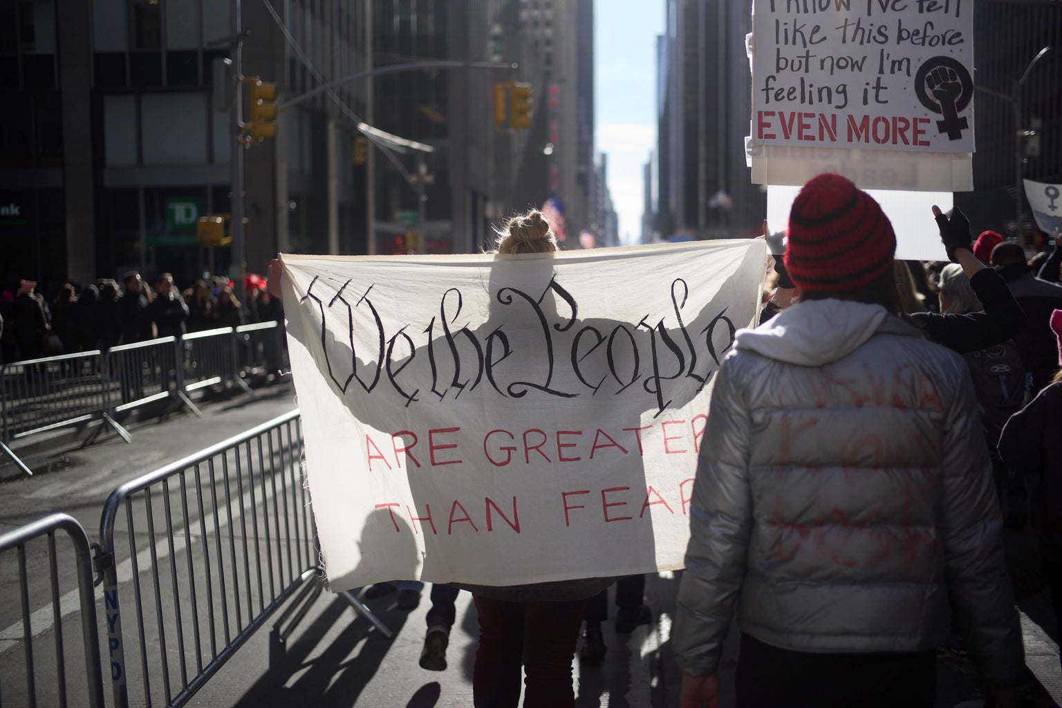 \"we the people are greater than fear\" sign from the women\'s march in NYC