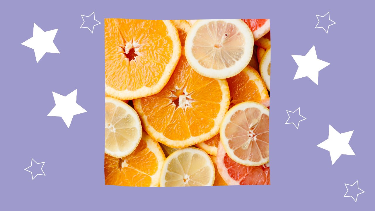 purple background with oranges and stars