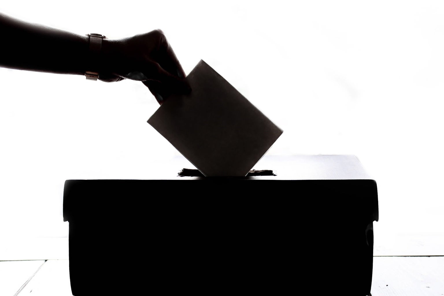 Black and white image of person putting ballot in box