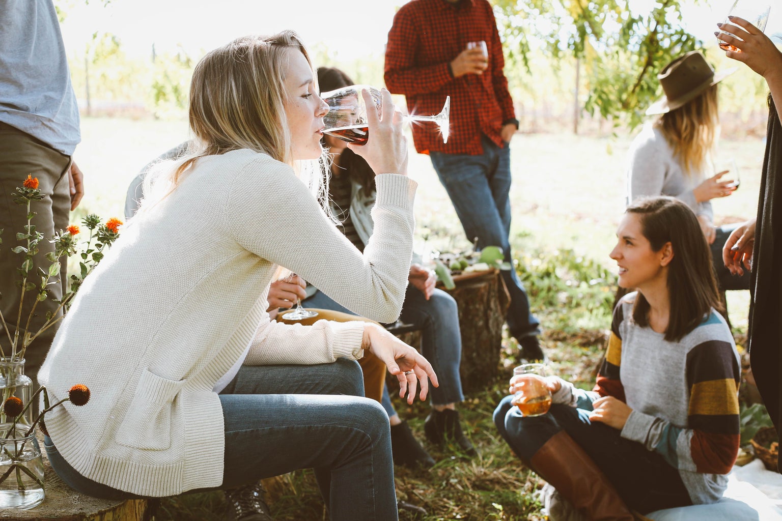 Girl drinking wine with friends