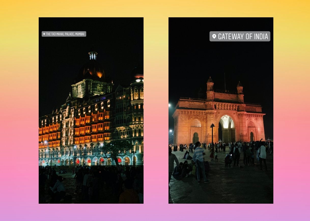 Two images, one of the gateway of India at night and the other of The Taj Palace Hotel at night in Mumbai