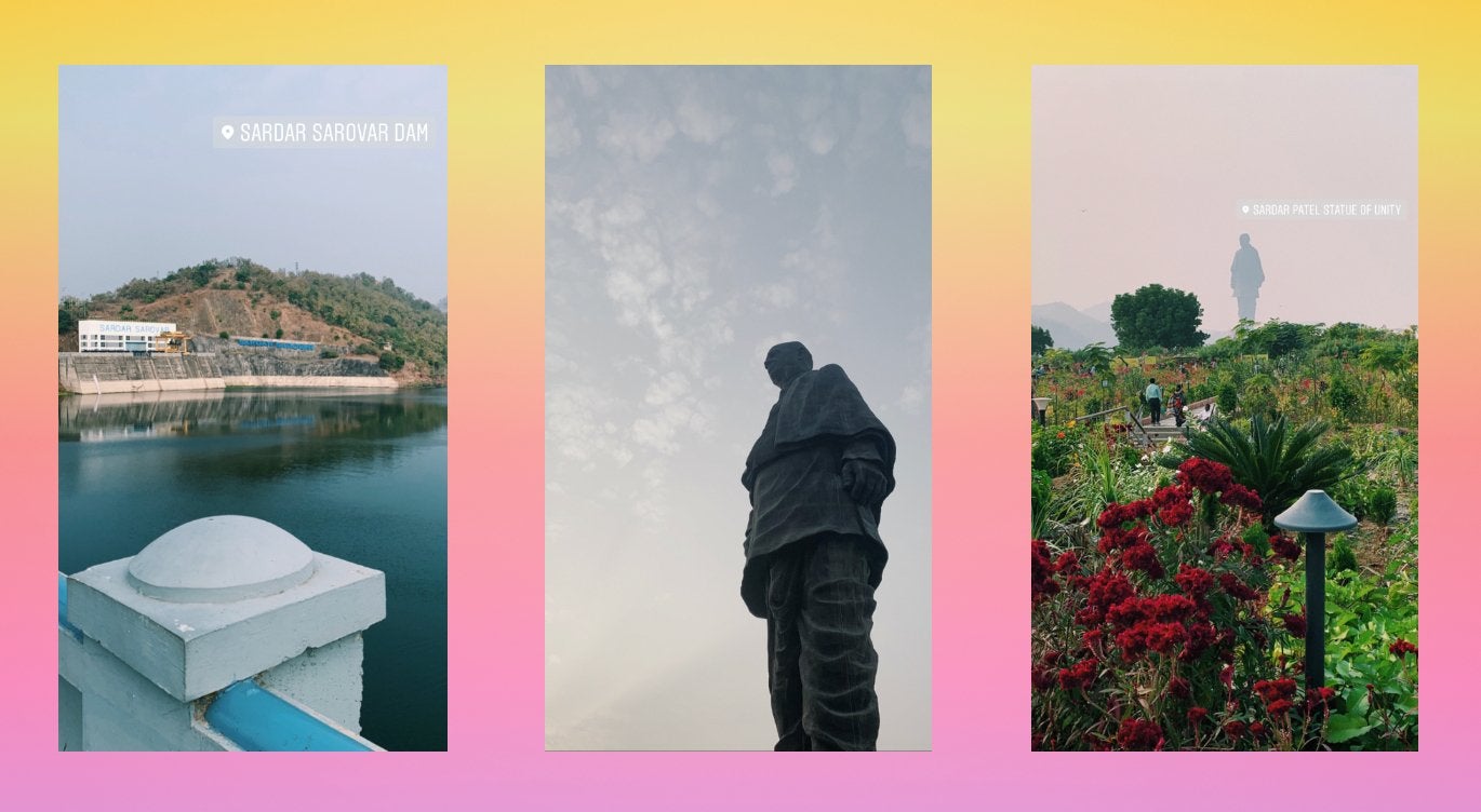 Three images, one of the Sardar Sarovar Dam in Gujarat, India, another of the Statue of Unity up close and the third of the Statue of Unity father away with flowers in the bottom of the image
