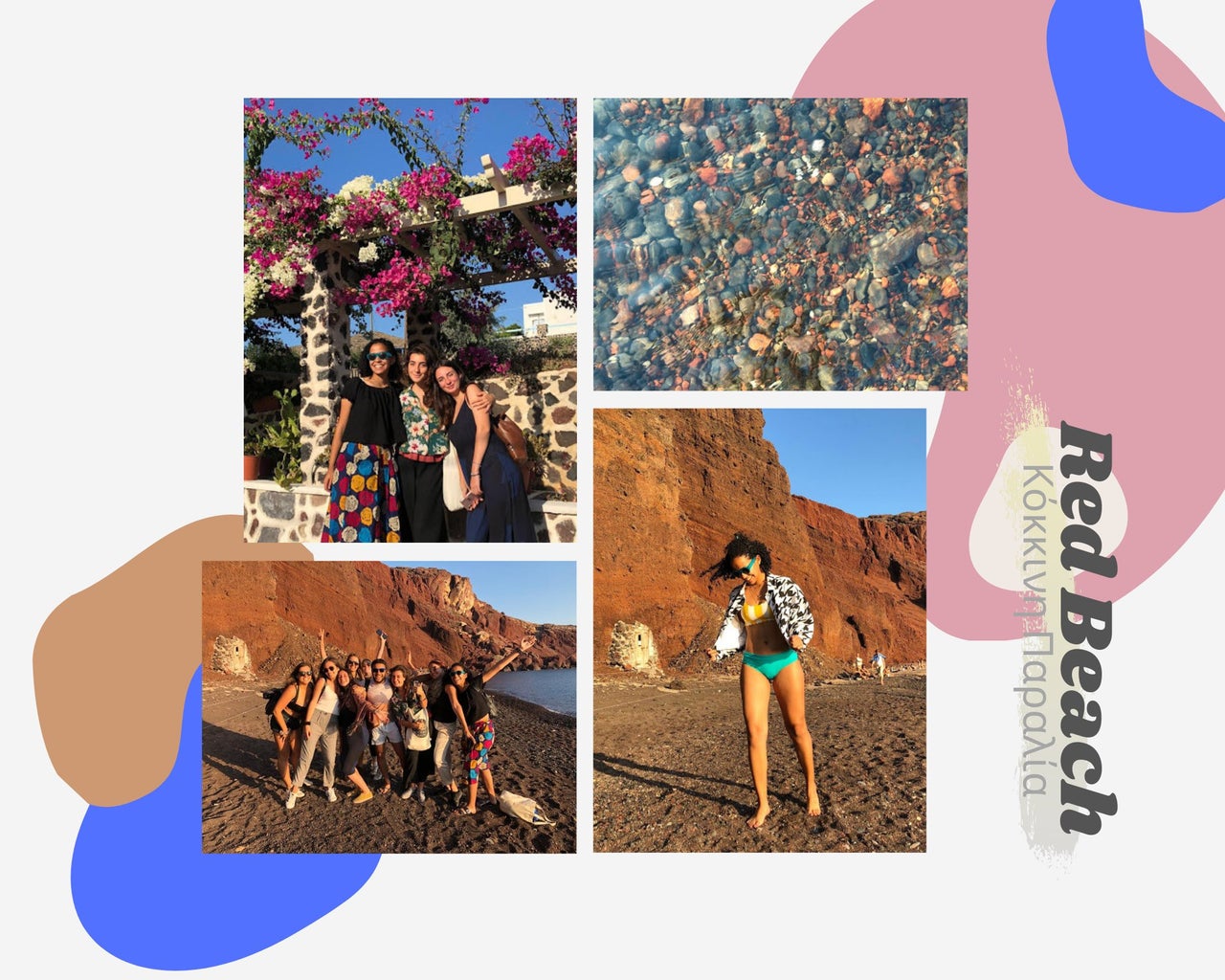 Collage of pictures with my friends in the Red Beach in Santorini, Greece