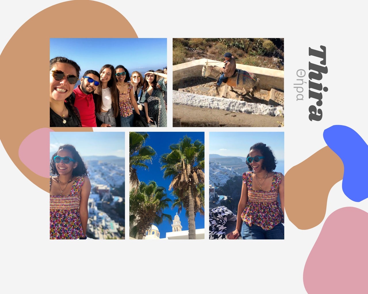 Collage of pictures with my friends in Thira, Santorini