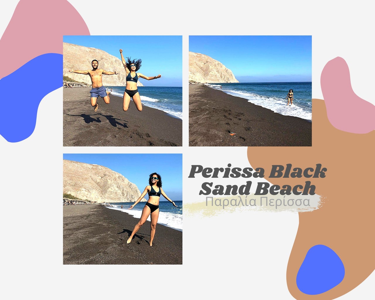 Collage to pictures of my friends in Perissa Black Sand Beach in Santorini, Greece