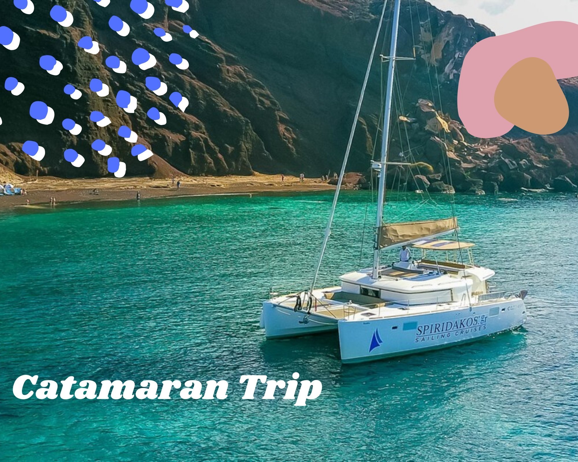 A catamaran boat in the sea in Santorini, Greece