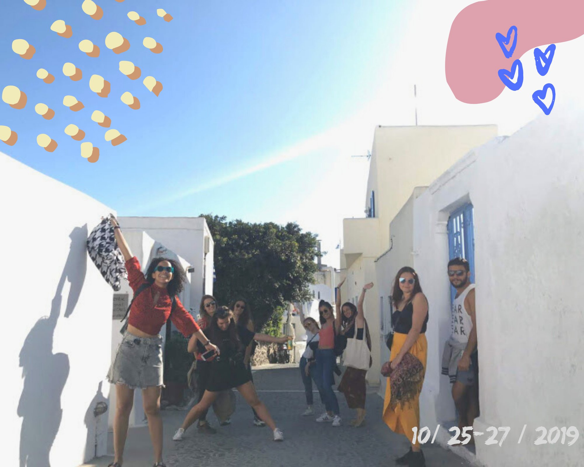 My friends in the village of Megalochori in Santorini, Greece