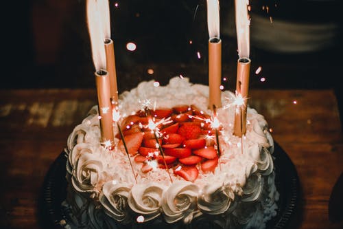 lighted candles on birthday cake