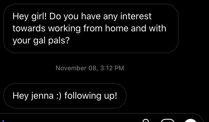 Screenshot of someone messaging me asking if I want to \"work from home with my gal pals\"