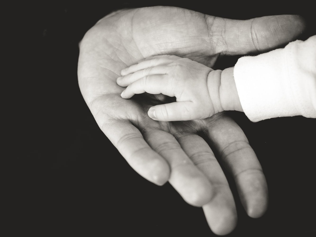 A baby\'s hand resting in the hand of their parent