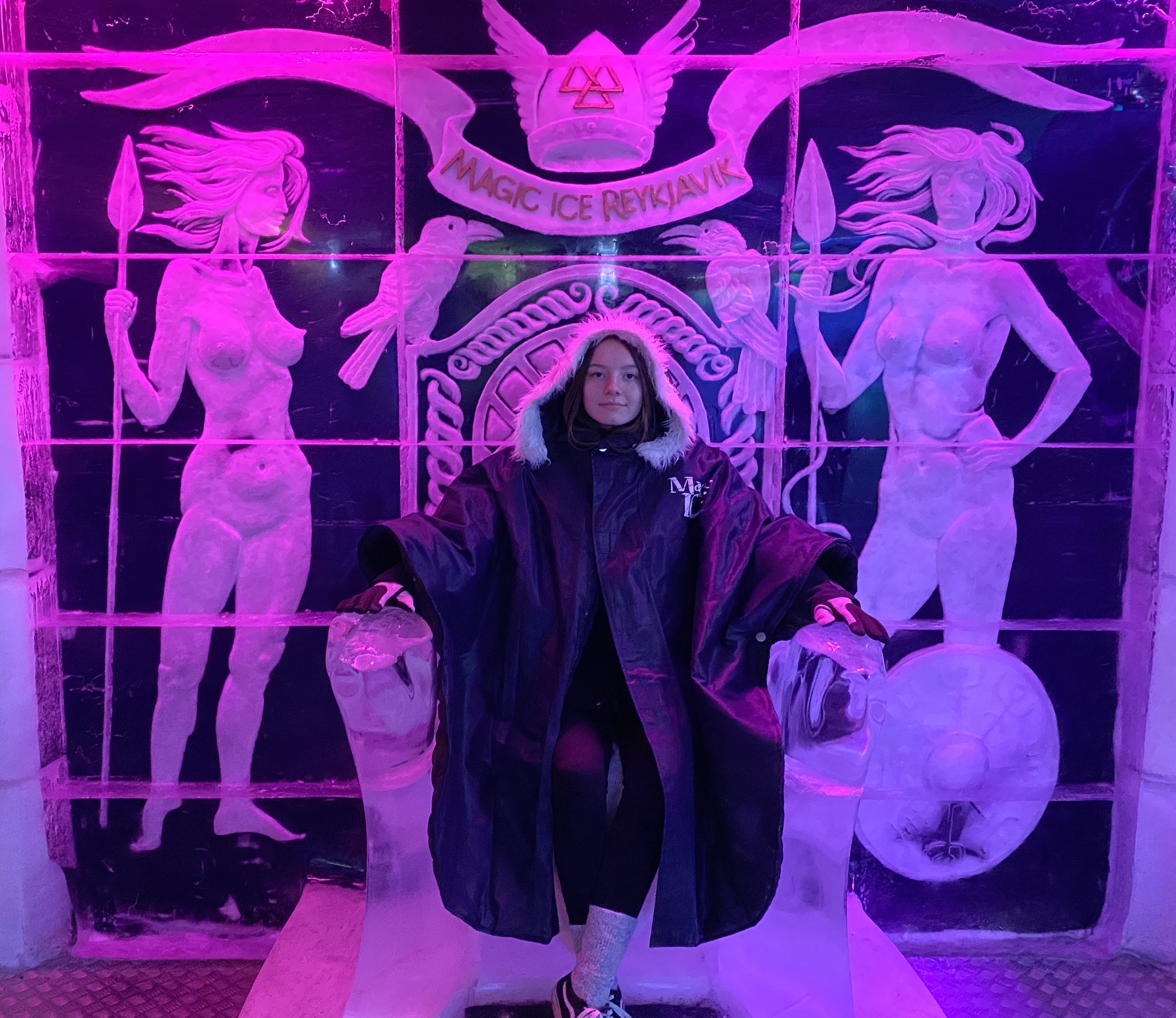 Myself sitting on ice throne in Magic Ice bar