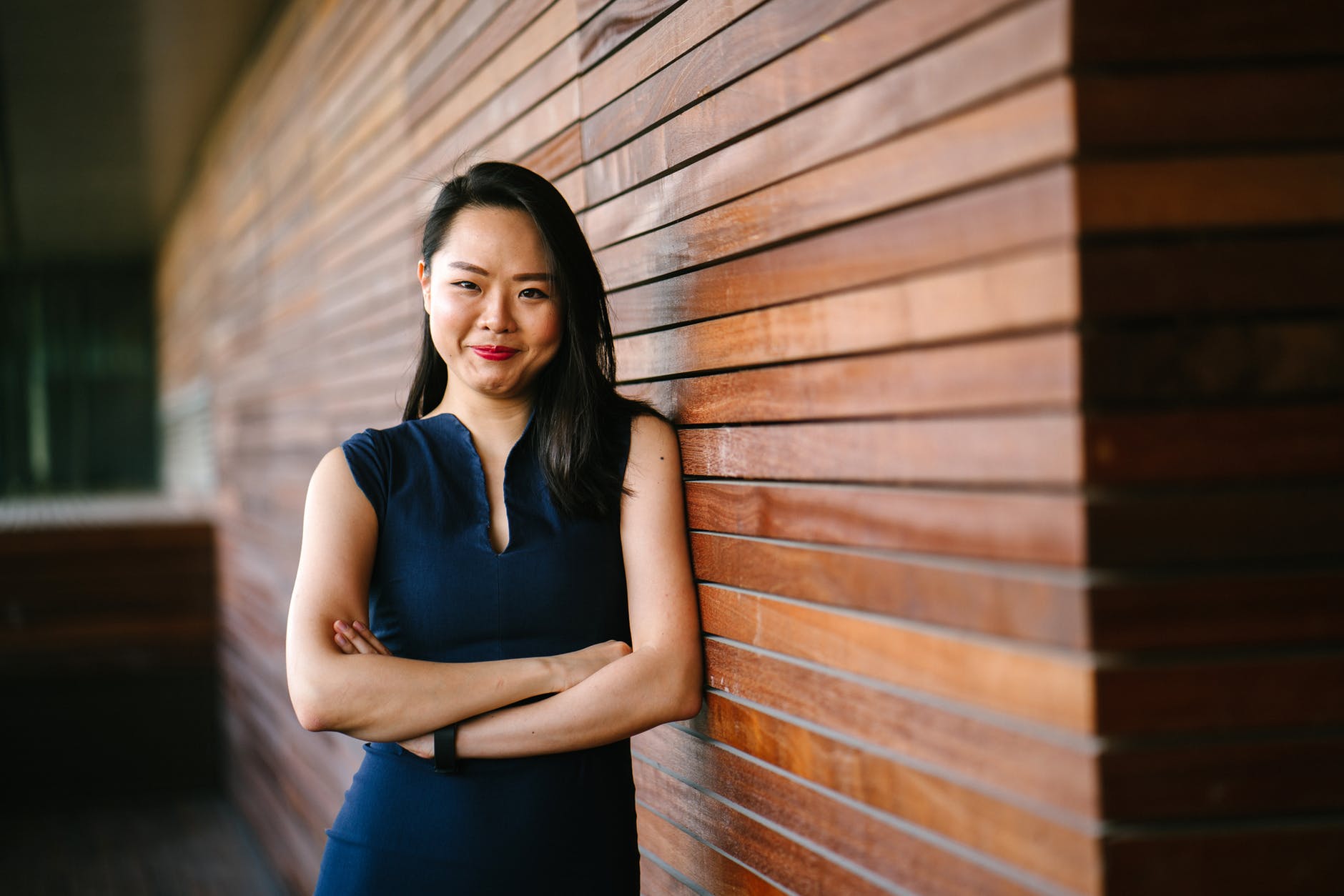 woman posing in business casual dress