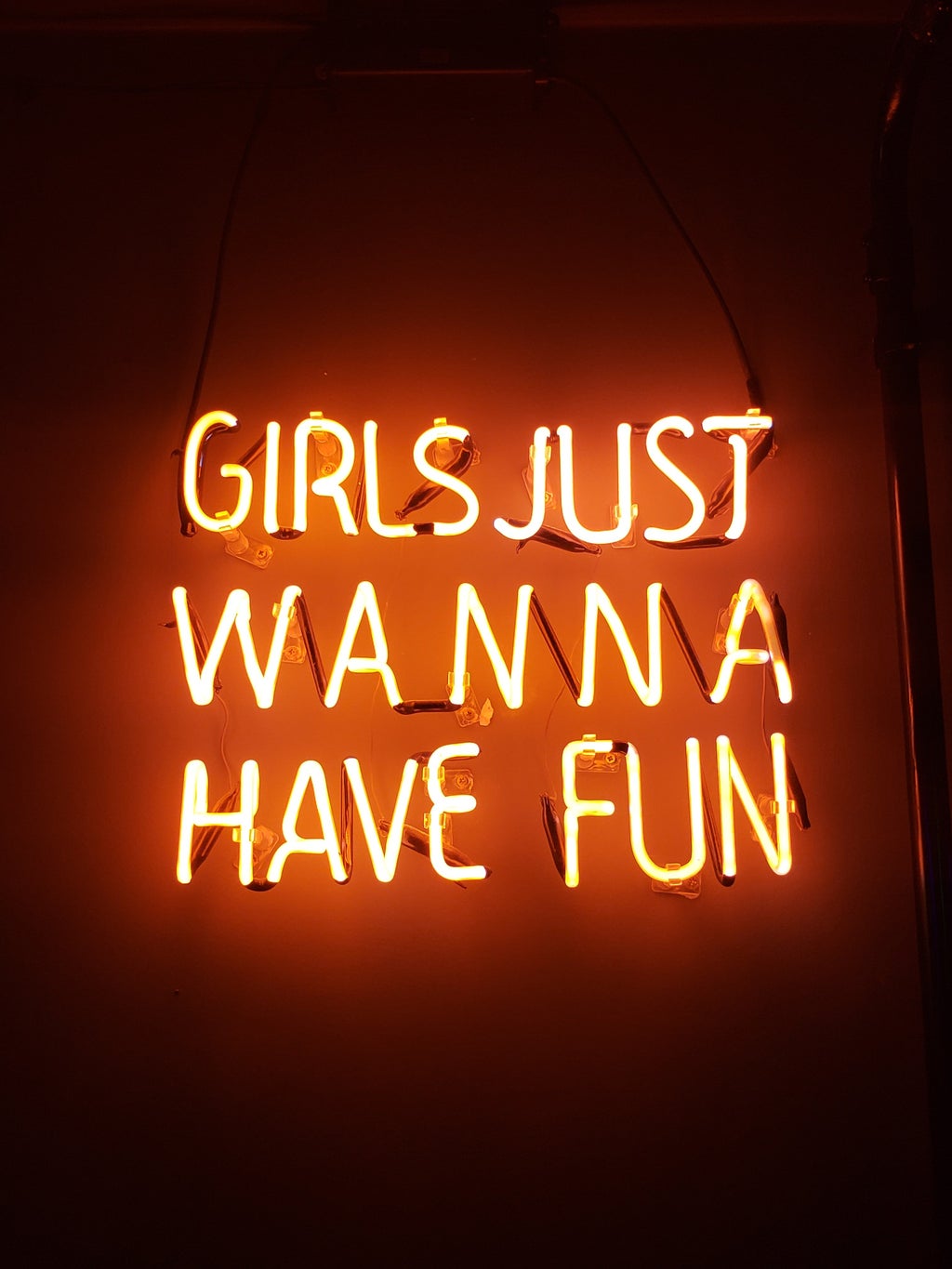 Neon lights that spell out "Girls Just Wanna Have Fun."