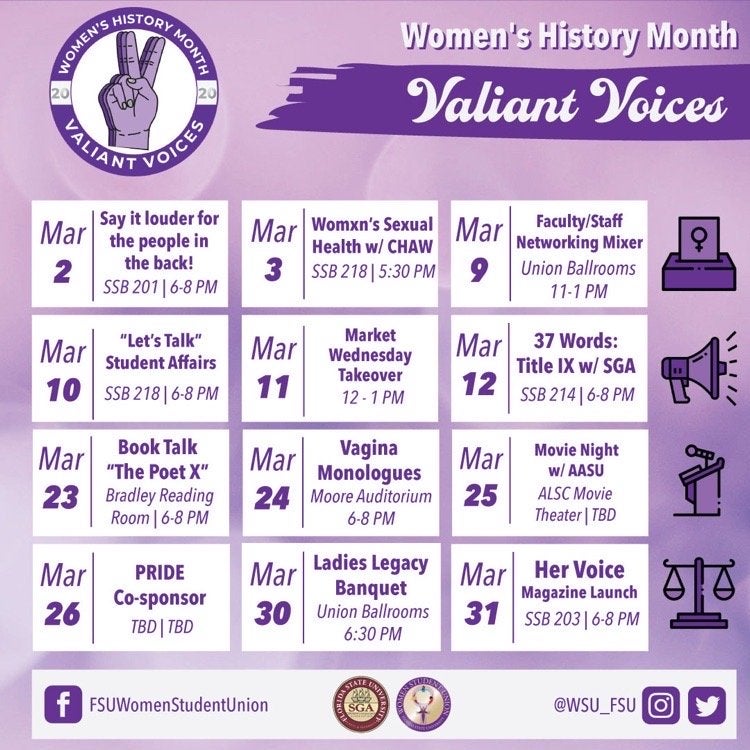 Women\'s Student Union calendar for Women\'s History Month. It\'s all purple