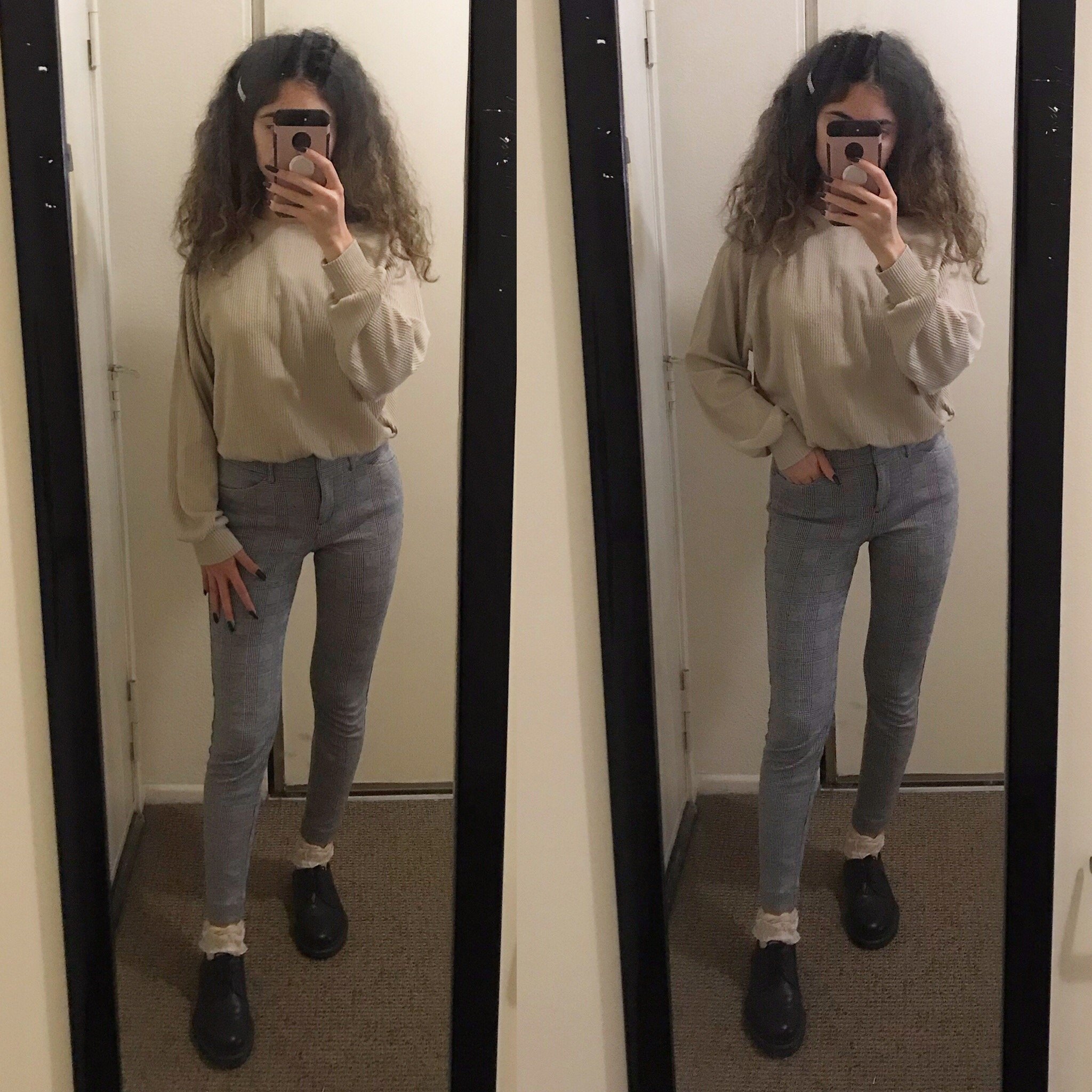 mirror selfie of a girl wearing plaid pants and a beige sweater