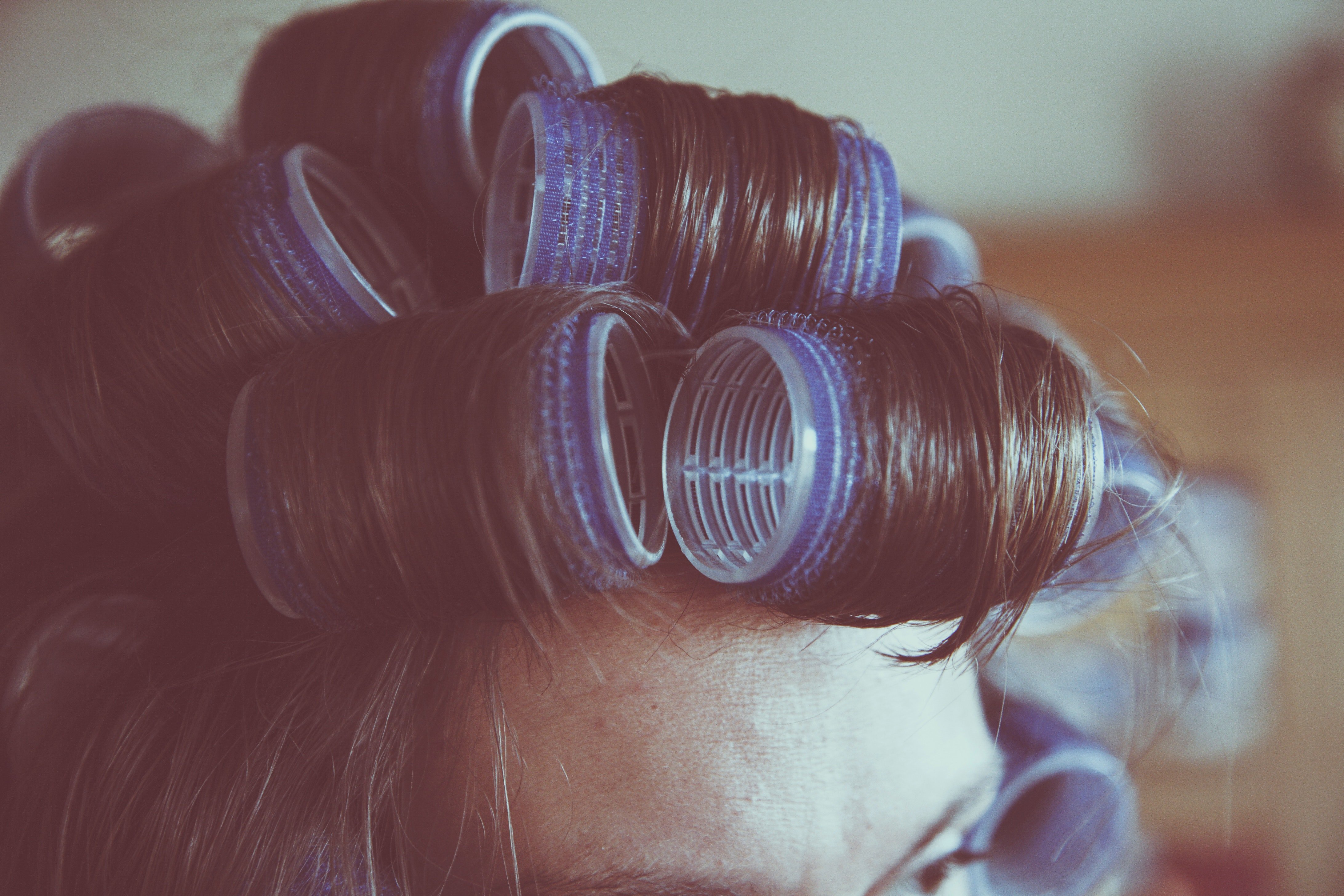 Hair in hot rollers