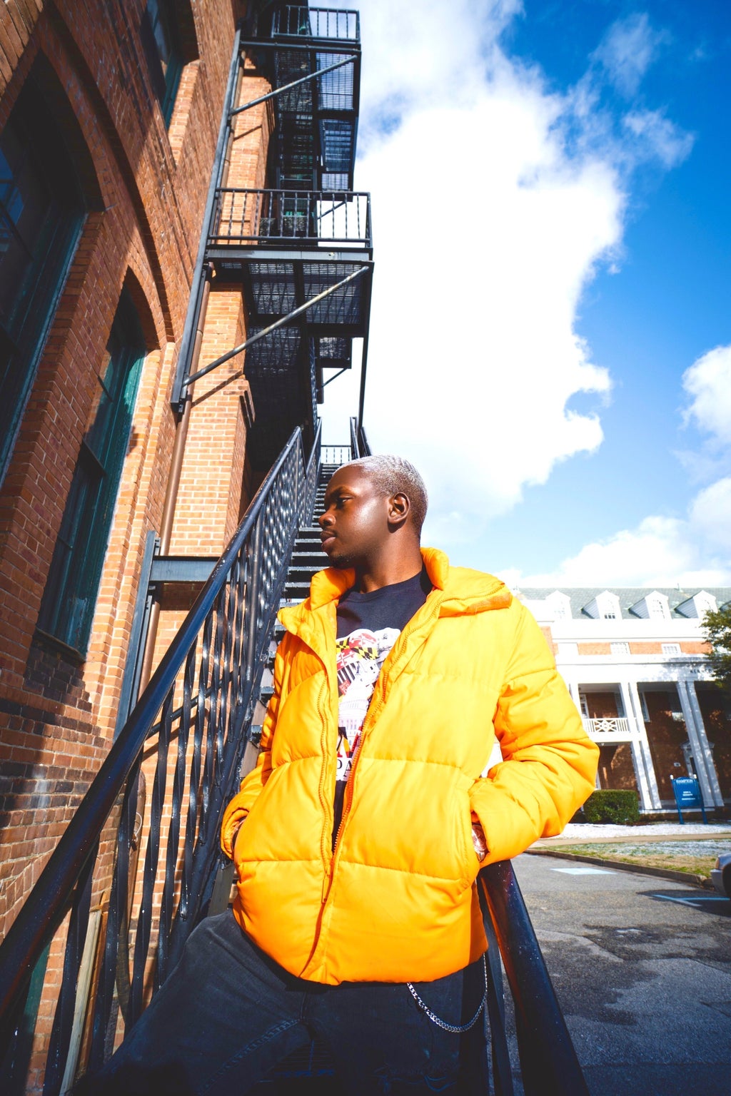 Man modeling near stairwell