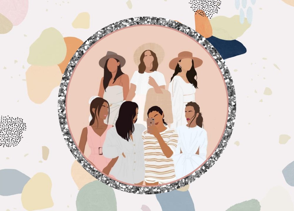 Circle of cartoon friends with cool background