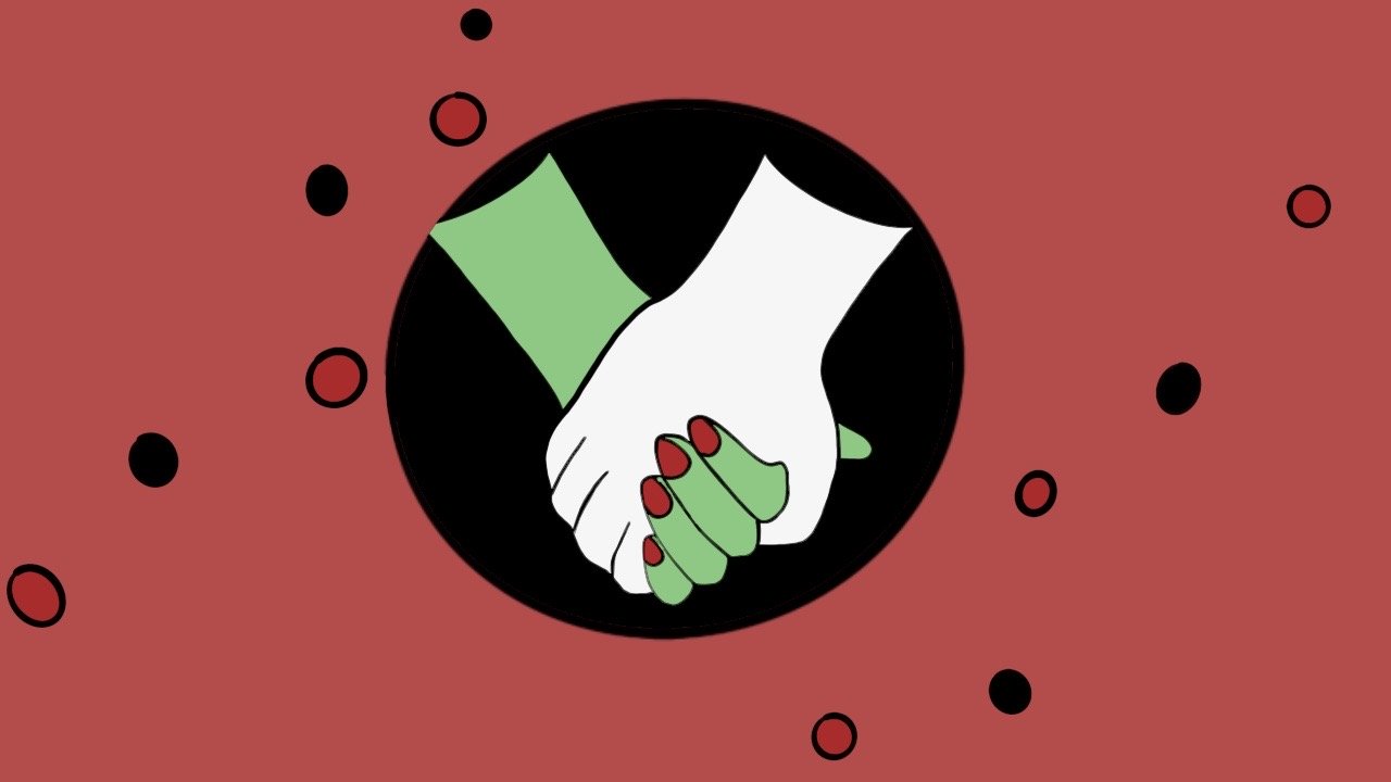 hands holding on red background