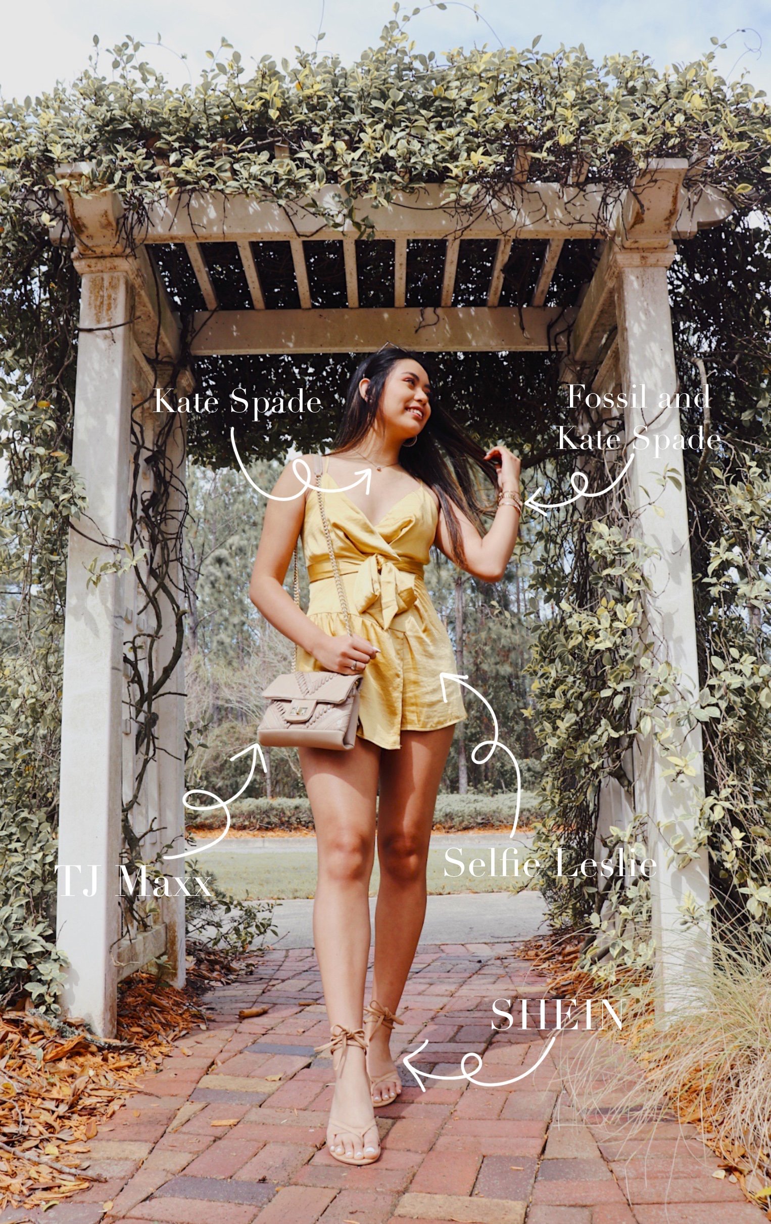 Girl in yellow romper with outfit description