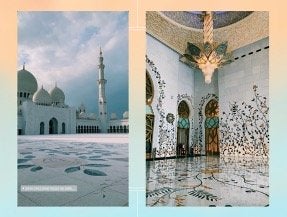 Two images placed side by side, the first image is of a white mosque and the second image is of a colorful chandelier hanging over a large rug