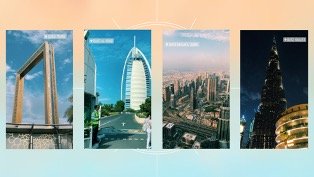 Four pictures of Dubai sites including the Burj Khalifa, image overlooking the city, the Dubai Frame, and Burj Al Arab