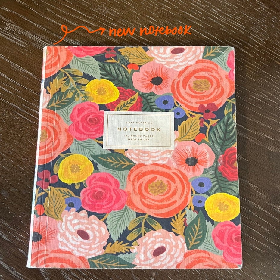 floral notebook on brown wood