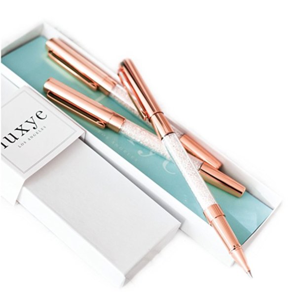 3 Fine Ballpoint Gold Crystal Pens in Glossy White Gift Box