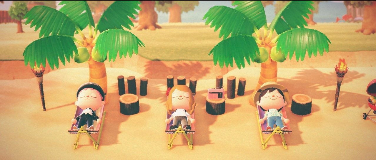 animal crossing characters laying on the beach in hammocks