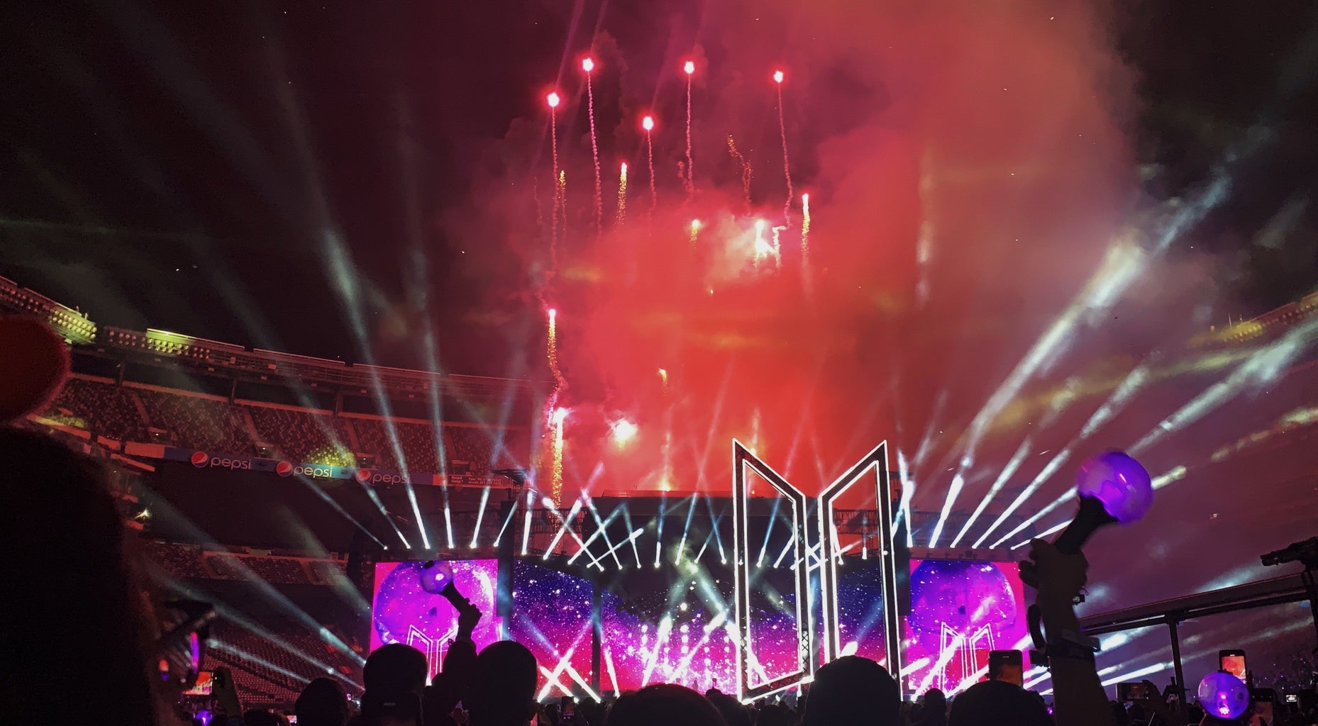 fireworks at Kpop band BTS concert at MetLife Stadium