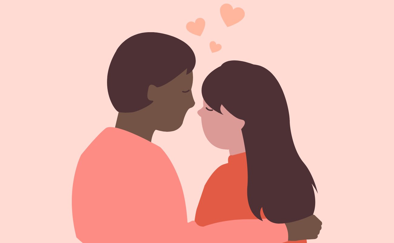 Pink graphic of a couple in love