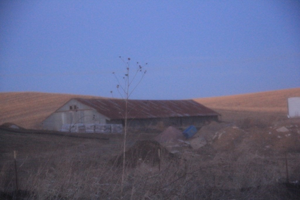A long agriculture building at dusk.