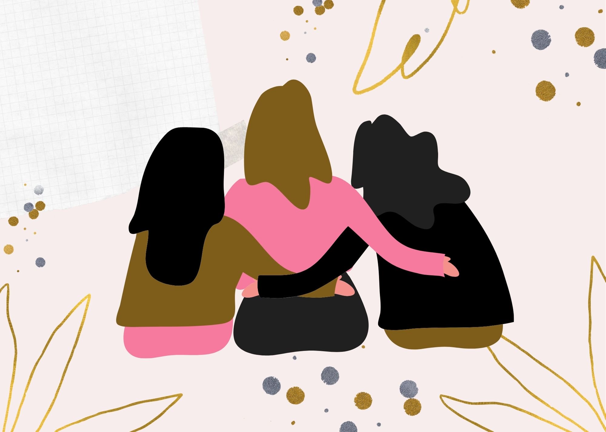 three animated girls with their arms around each other sitting down