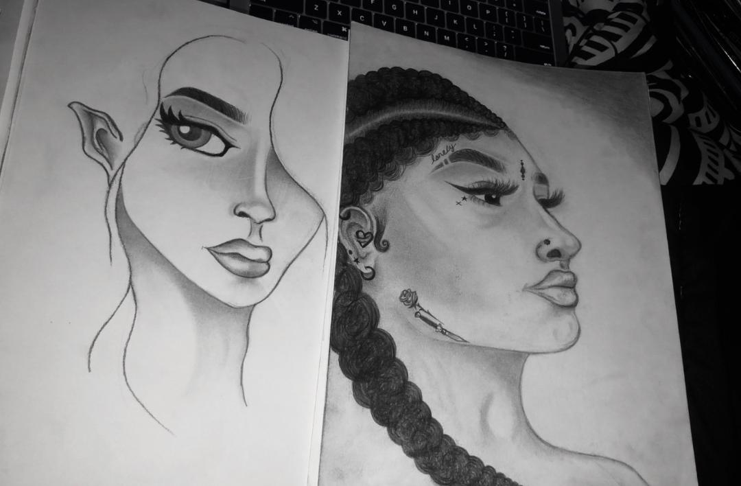 b&w pencil sketch of two female faces