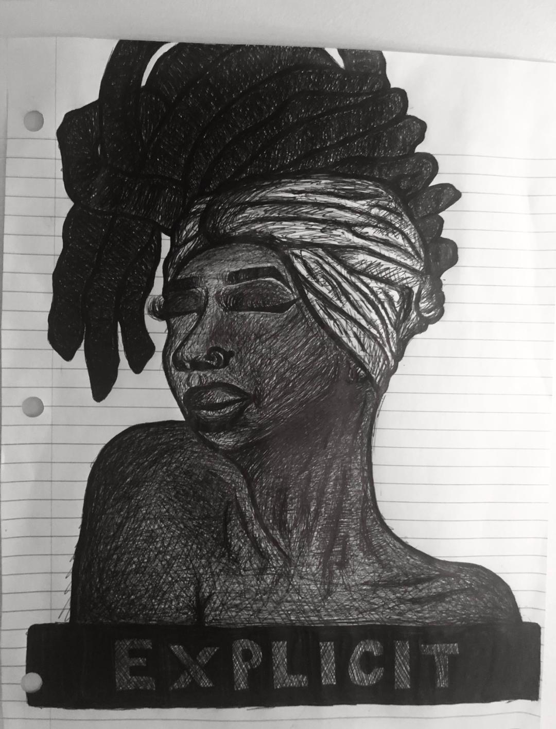 b&w pen drawing of a woman with the word \"explicit\"