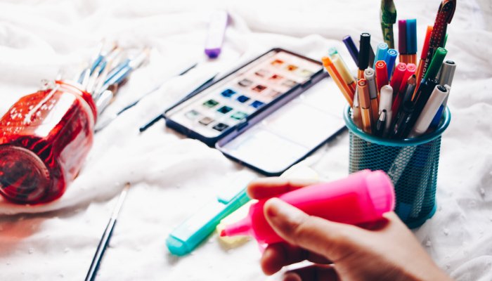 markers, pens, and watercolors