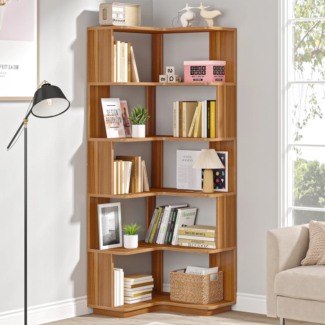 brown corner bookshelf styled with books, photo frames, and knick-knacks