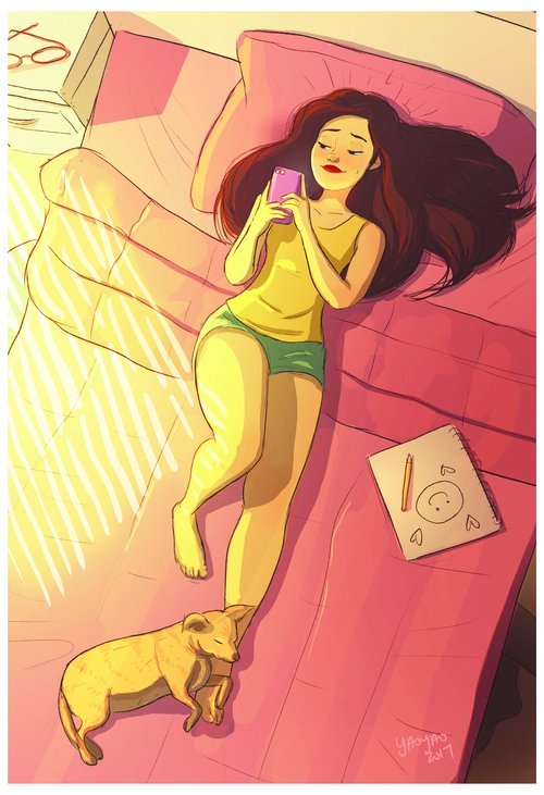 Girl on phone in bed