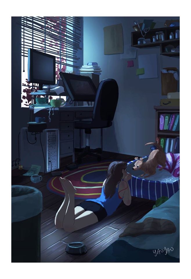 Girl lonely bedroom puppy dog