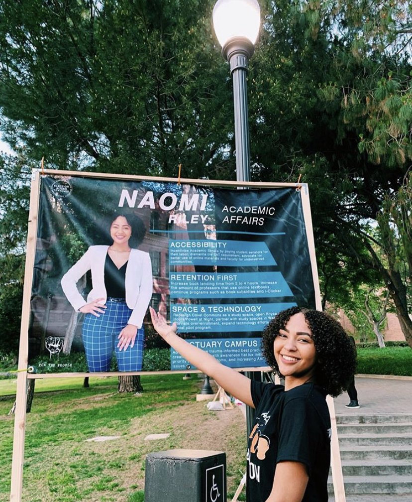 picture of Naomi Riley campaigning for UCLA Academic Affairs Commissioner last year