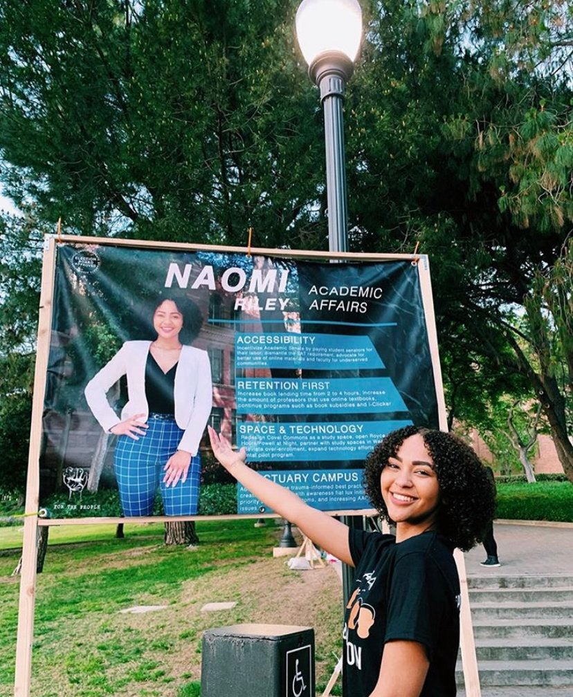 picture of Naomi Riley campaigning for UCLA Academic Affairs Commissioner last year