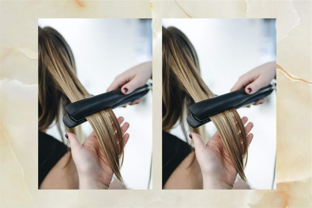 person flat ironing blonde hair