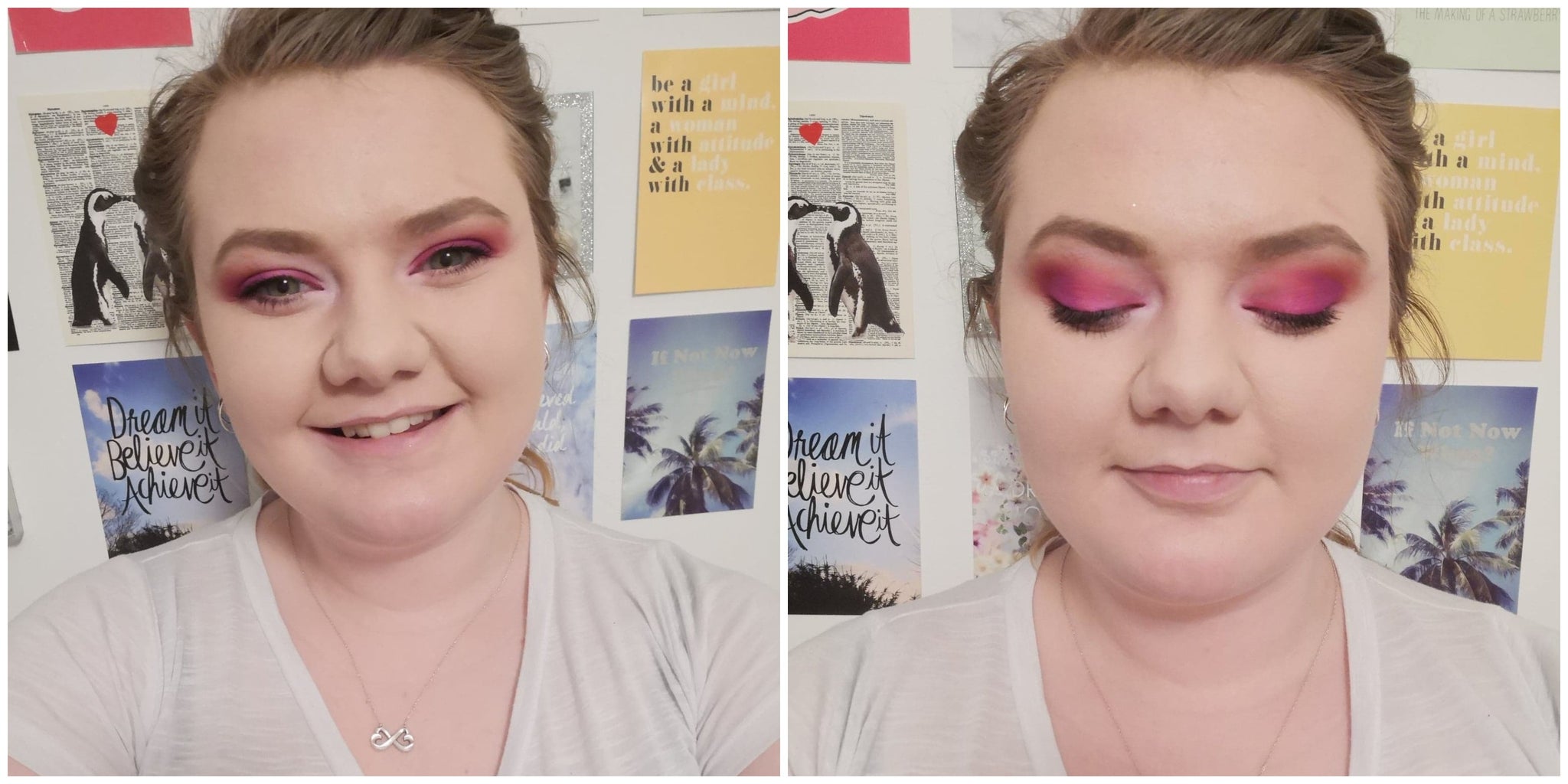 Girl posing with bright pink make up look