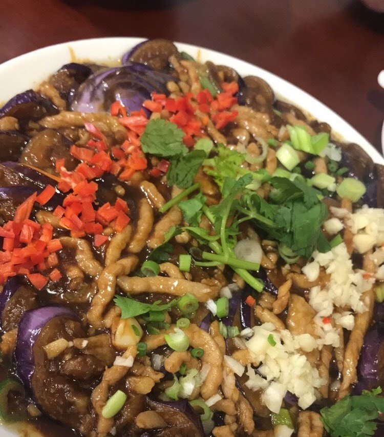 image of eggplant marinated and cooked in brown sauce