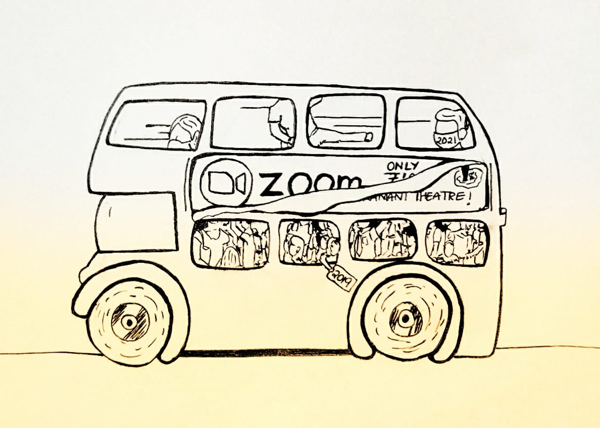 A cartoon bus with Zoom written on it
