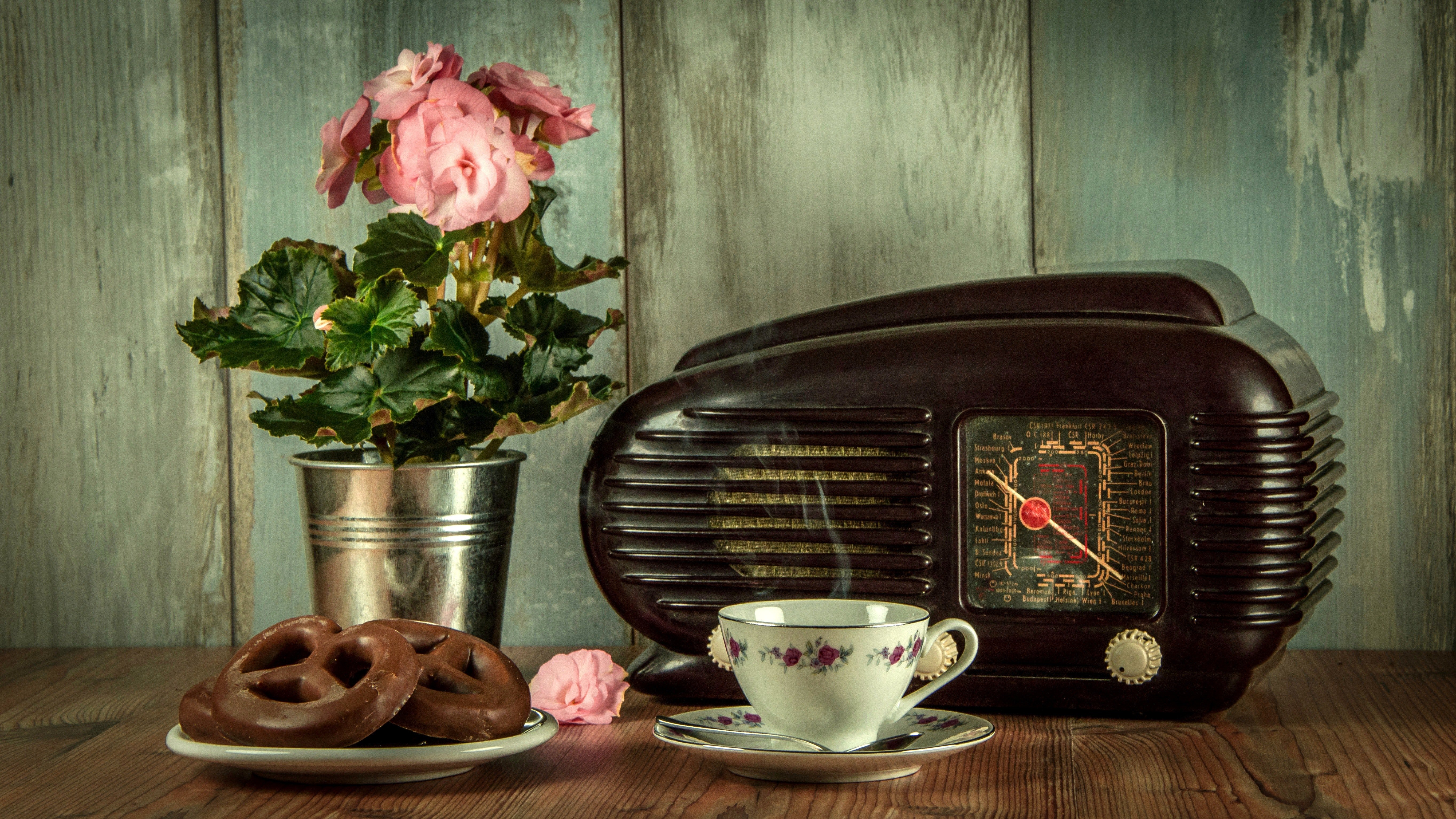 antique radio, pink flowers, pretzels, and tea cup on a wooden table with blue worn wood backdrop