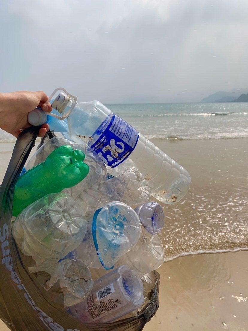 littered plastic bottles collected in a bad on the beach