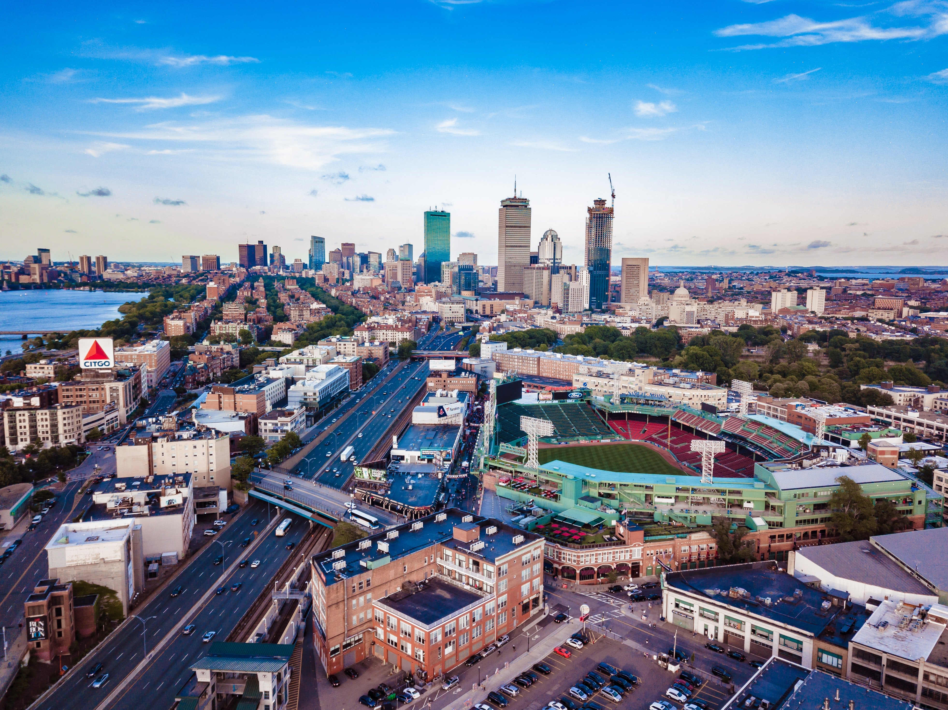 aerial view of Boston high-rise buildings and Fenway Park